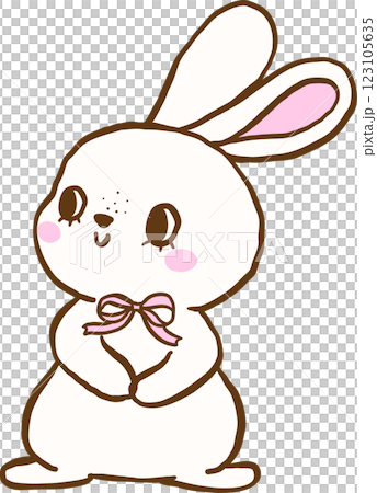 Cute White Bunny with Pink Bow Cartoon Hand Drawn 123105635