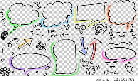 手描き風ゆるい吹き出しとキュートな挿絵ベクターセットイラスト 123105768