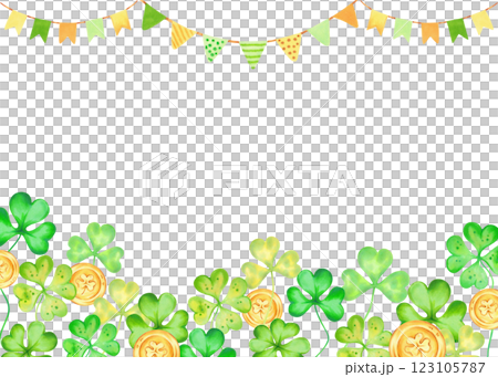 Clover petals with golden coins and garland for Patrick's Day. Horizontal frame. Watercolor illustrations. Hand drawn isolated art. Background with space for text. Sketch of luck, profit, success 123105787