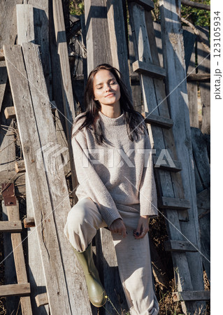 Beautiful Fashionable Slim Brunette Woman In Rural Area Beautiful Fashionable Slim Brunette Woman In Rural Area 123105934