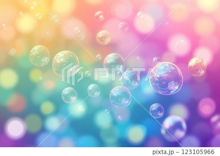 パステルカラーのカラフルな背景とシャボン玉。美容、スキンケア、化粧品、ビューティー、清潔イメージ 123105966