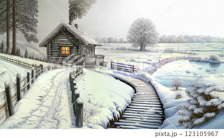 In winter, a wooden hut on the edge of the village. A snowless winter landscape and a wooden hut with a stove being heated. 123105967