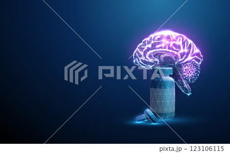 Abstract purple human brains with bottle and medical pills. Brain health and cognitive support, neuroprotection concept. 123106115