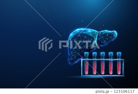 Abstract blue human liver and blood sample rack. Blood analysis and liver health, medical diagnostics concept. 123106117