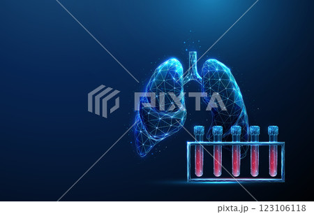 Abstract blue human lungs and blood sample rack. Blood analysis and lung health, medical diagnostics concept. 123106118