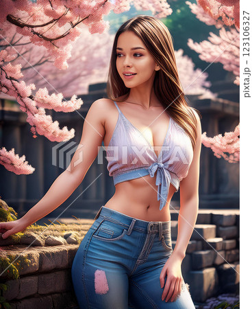 桜の前に立つ若い女性 123106327