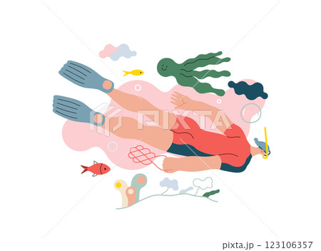 Life Unframed: Diver -modern flat vector concept illustration of a man swimming under the sea. Metaphor of unpredictability, imagination, whimsy, cycle of existence, play, growth and discovery 123106357