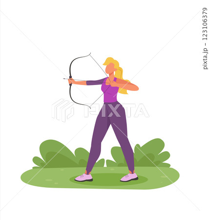 Female archer with bow and arrow aiming at bullseye and ready to shoot. Archery leisure activity, sport, competition Female archer with bow and arrow aiming at bullseye and ready to shoot. Archery leisure activity, sport, competition 123106379
