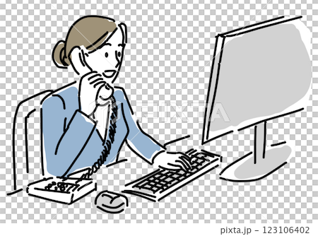 Simple line drawing of a female staff member answering the phone in the office 123106402