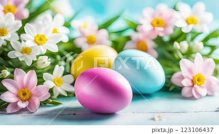 Easter light yellow background anchors a delicate frame of soft pink cherry blossoms and pastel Easter eggs, 123106437