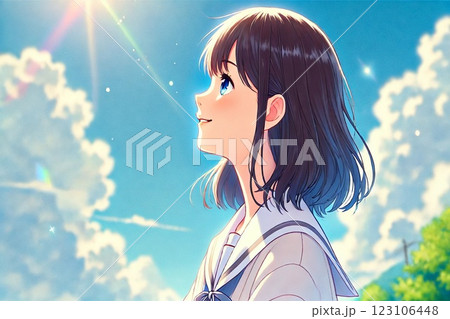 空を見上げる女性・女子高生 123106448