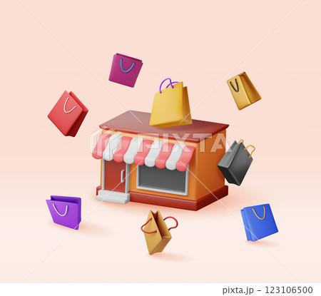 3D shopping or gift bag and supermarket building 123106500