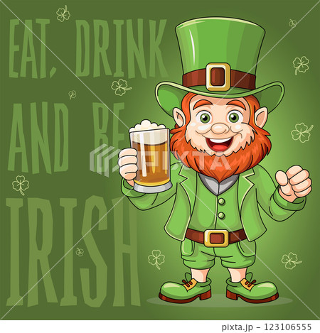 St. Patrick's Day message design with a jolly gnome in a green suit and a mug of beer. Invitation to a fun holiday party. Vector illustration for St. Patrick's Day 123106555