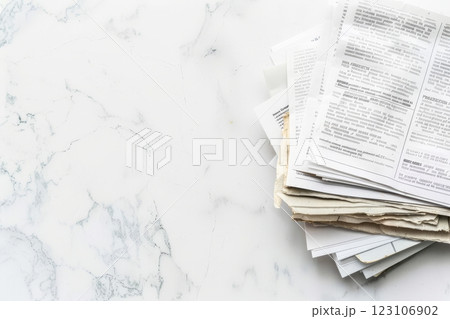 Blank business cards sit neatly piled on a polished marble surface, perfect for customizing with personal or professional details 123106902