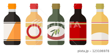 瓶入り調味料のベクターイラスト めんつゆ みりん 酢 オリーブオイル 焼き肉のたれ 123106978