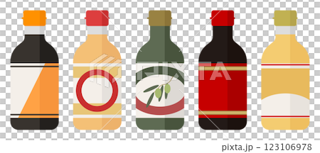 瓶入り調味料のベクターイラスト めんつゆ みりん 酢 オリーブオイル 焼き肉のたれ 123106978