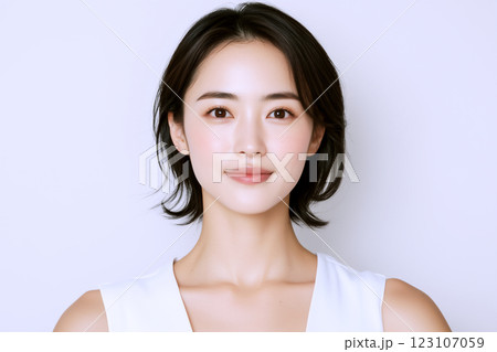 白い服を着て微笑む素肌美人の女性 123107059