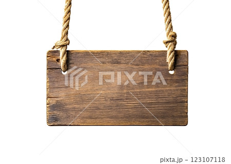 Wooden sign hanging from a rope is showing a blank space for text Wooden sign hanging from a rope is showing a blank space for text 123107118