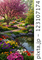 池のある春の庭園 123107174