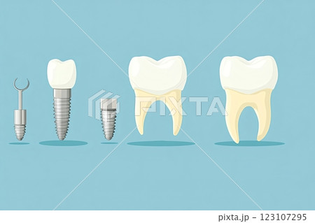 Dental implant stages showing abutment and crown placement on blue background 123107295
