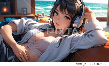 ホテルで音楽を聴く美女のイラスト ホテルで音楽を聴く美女のイラスト 123107399