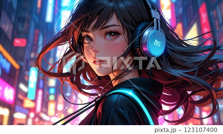 タウンで音楽を聴く美女のイラスト 123107400