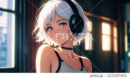 ショップで音楽を聴く美女のイラスト ショップで音楽を聴く美女のイラスト 123107401