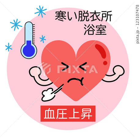 寒い脱衣所や浴室で血圧が上がった時の心臓のかわいいイラスト 123107478