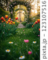 チューリップが咲く庭園 123107516