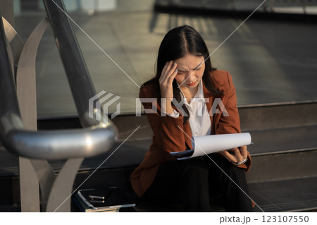 Depressed businesswoman sits on stairs outside office, overwhelmed by financial crisis, job loss, and stress. failure, burnout, and workplace pressure. 123107550