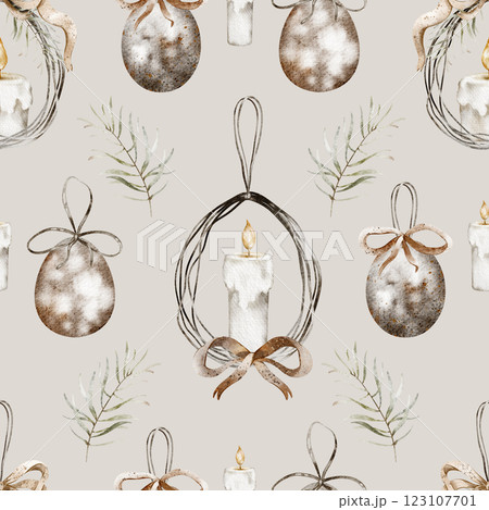 Easter candles seamless pattern. Watercolor religious background for holiday textiles or wrapping paper. Design for Easter products and wallpaper. Easter candles seamless pattern. Watercolor religious background for holiday textiles or wrapping paper. Design for Easter products and wallpaper. 123107701