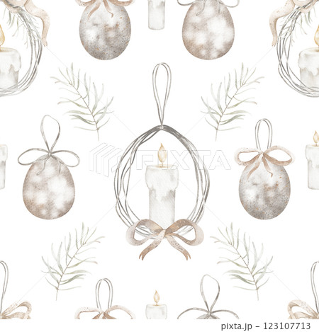Easter candles seamless pattern. Watercolor religious background for holiday textiles or wrapping paper. Design for Easter products and wallpaper. Easter candles seamless pattern. Watercolor religious background for holiday textiles or wrapping paper. Design for Easter products and wallpaper. 123107713