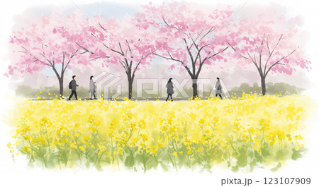 春 桜と菜の花 学校 登下校 シンプル背景イラスト 顔なし 表情なし 123107909