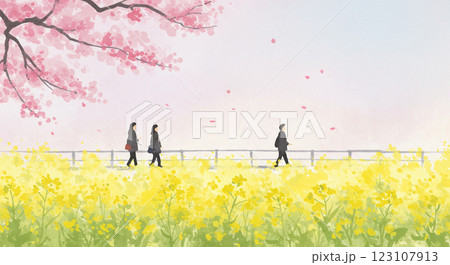 春 桜と菜の花の風景を散歩する人々のシンプル背景イラスト 顔なし 表情なし 123107913