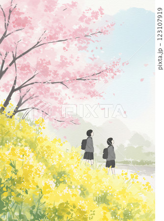 春 桜と菜の花 学校 帰り道 シンプル背景イラスト 顔なし 表情なし 123107919