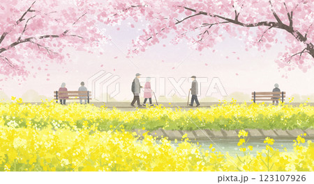 春 桜と菜の花の風景を散歩するシニア層のシンプル背景イラスト 顔なし 表情なし 123107926