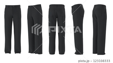 Mens Black Pants Mockup, Front, Back, Side, 34 View, Straight Fit, 3D Render 123108333