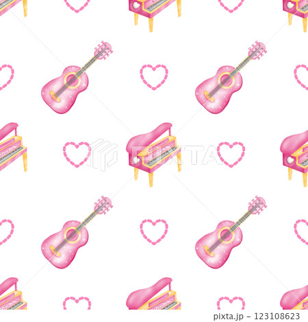 Seamless pattern of guitar and piano for fabric design, gift wrapping paper, cards, or background  123108623