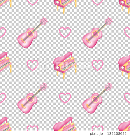Seamless pattern of guitar and piano for fabric design, gift wrapping paper, cards, or background  123108623
