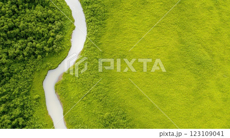 Muted aerial shot of winding river through golden fields, cinematic drone perspective, earthy tones Muted aerial shot of winding river through golden fields, cinematic drone perspective, earthy tones 123109041
