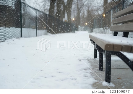 Desaturated winter park bench, soft falling snow, warm streetlights, peaceful solitude 123109077