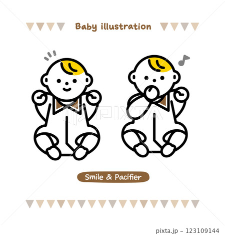シンプルで可愛い赤ちゃんの線画イラスト。おしゃぶりをしている赤ちゃんとご機嫌な赤ちゃん 123109144