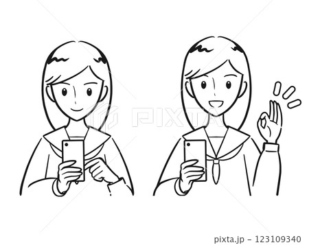 スマホを操作する スマホを持ってOKサインをする 女子学生セット(線画) スマホを操作する スマホを持ってOKサインをする 女子学生セット(線画) 123109340