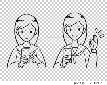 操作智慧型手機 拿著智慧型手機並做出 OK 手勢 女學生套裝（線條畫） 123109340