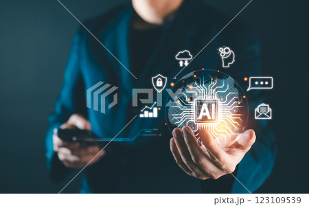 Ai Artificial Intelligence technology concept, Businessman using AI technology on smartphone, Futuristic technology transformation. Chat with AI, Enter prompt and searching data in global network Ai Artificial Intelligence technology concept, Businessman using AI technology on smartphone, Futuristic technology transformation. Chat with AI, Enter prompt and searching data in global network 123109539