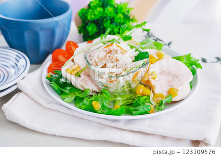 手作り鶏ハムと野菜のサラダ 123109576