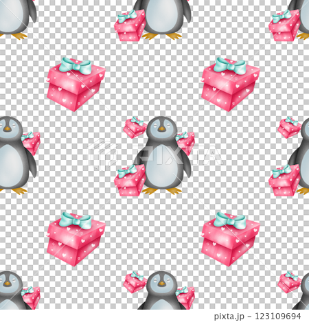 Seamless pattern of penguins and red gift boxes for fabric design, gift wrapping paper, cards, or background Seamless pattern of penguins and red gift boxes for fabric design, gift wrapping paper, cards, or background 123109694