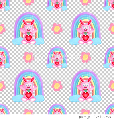 Seamless pattern of pink bunny, rainbow and flower for fabric design, gift wrapping paper, cards, or background Seamless pattern of pink bunny, rainbow and flower for fabric design, gift wrapping paper, cards, or background 123109695