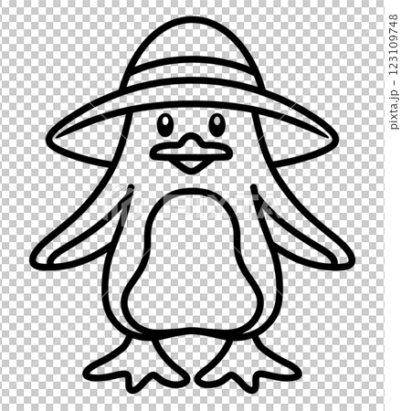 Line drawing of a penguin wearing a straw hat 123109748