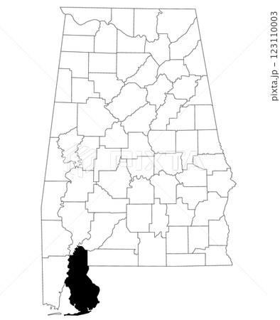 Map of Baldwin County in Alabama state on white backround. single County map highlighted by black color on Alabama map. UNITED STATES, US 123110003